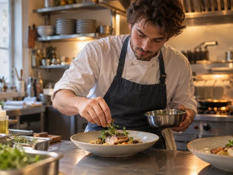 Young chef in an apron plating a dish in a small family restaurant kitchen
