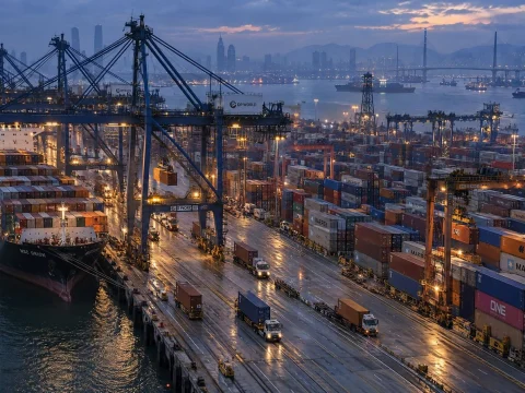 Busy container port with cranes loading ships at dusk