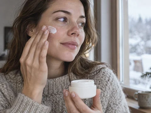 Woman in a wool sweater applying moisturizer to her cheek in soft winter window light