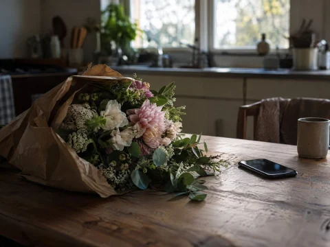 Bouquet of flowers lying on a kitchen table next to a phone in quiet morning light