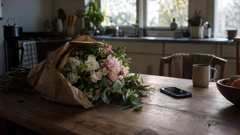 Bouquet of flowers lying on a kitchen table next to a phone in quiet morning light