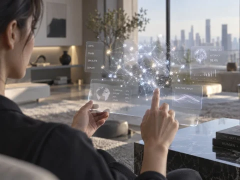 Woman controlling her smart home through a floating interface of light in a modern living room
