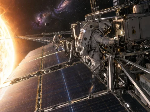 Astronaut in a spacesuit working on the outside of a space station with the sun blazing nearby