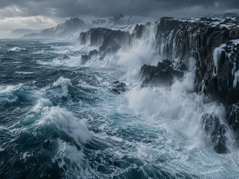 Huge waves crashing against dark cliffs under a stormy sky