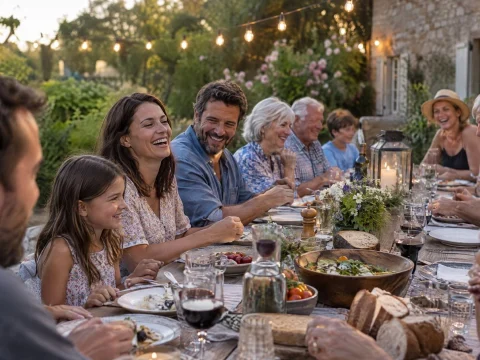 Family reunion at a long outdoor table in a garden on a summer evening under string lights