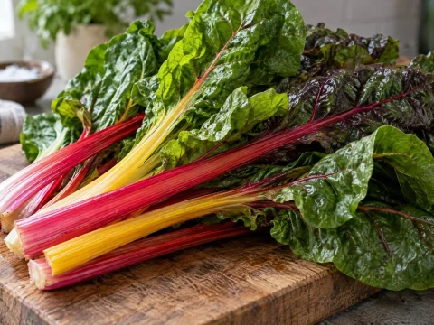 Fresh Swiss chard with red, yellow and white stems on a wooden cutting board