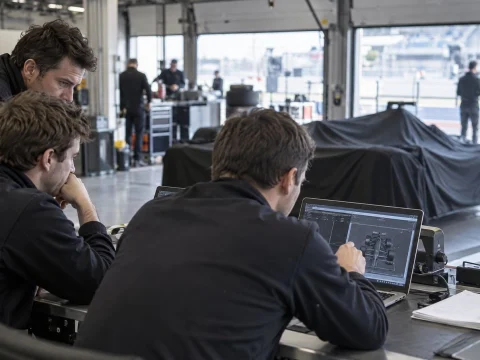 Race engineers in a garage studying laptops next to a race car under covers
