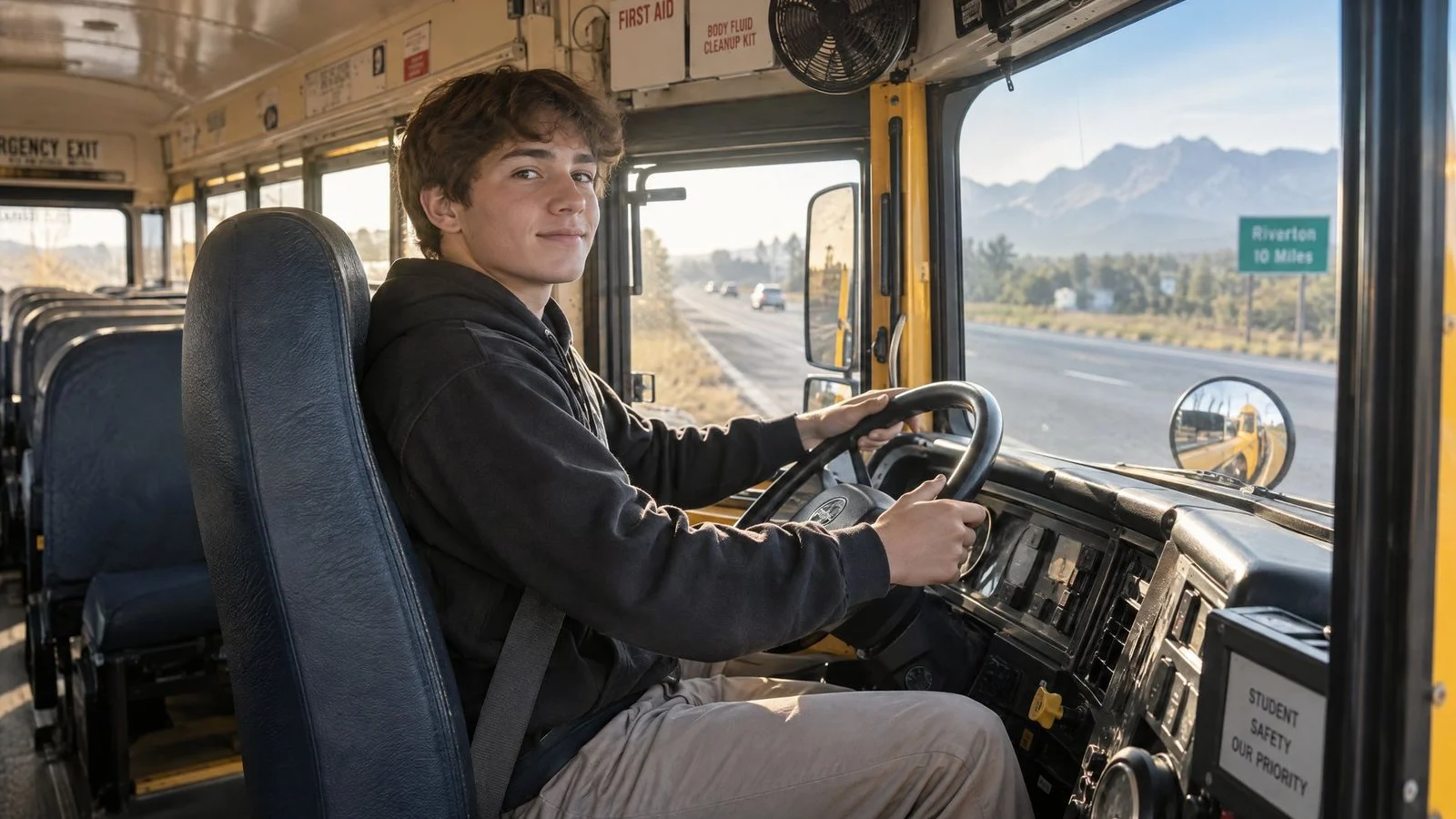 Teenage boy sitting behind the steering wheel of a school bus