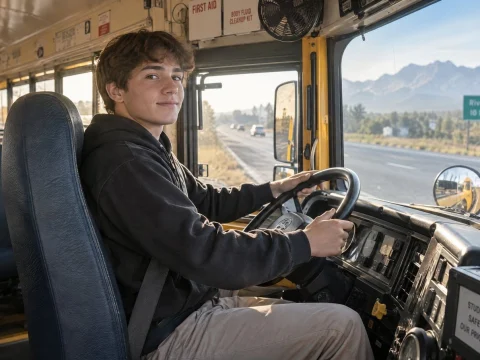 Teenage boy sitting behind the steering wheel of a school bus