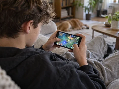 Teenager playing a colorful mobile game on a smartphone held sideways while sitting on a couch