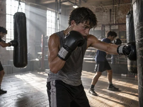 Young boxers training on heavy bags in an old brick-walled gym lit by dusty sunlight