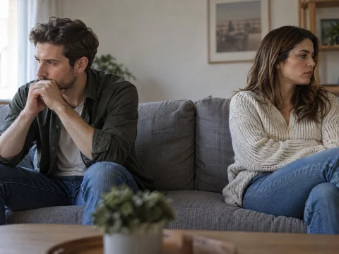 Couple sitting apart on a sofa, looking away from each other in soft window light