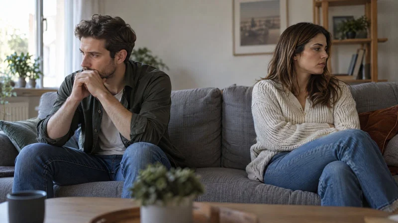 Couple sitting apart on a sofa, looking away from each other in soft window light
