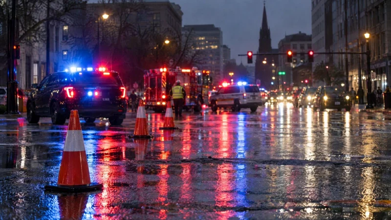 Rainy city intersection at night with blurred blue and red emergency lights on wet asphalt and traffic cones