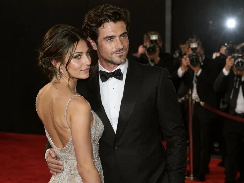 Photographers with flashing cameras in front of a glamorous couple on a red carpet against a dark backdrop