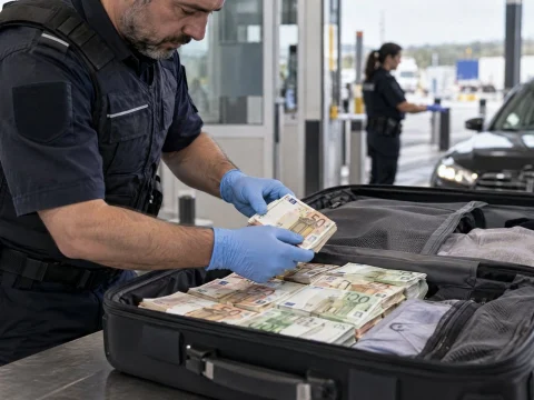 Customs officer in gloves inspecting an open suitcase containing bundles of euro banknotes at a border checkpoint