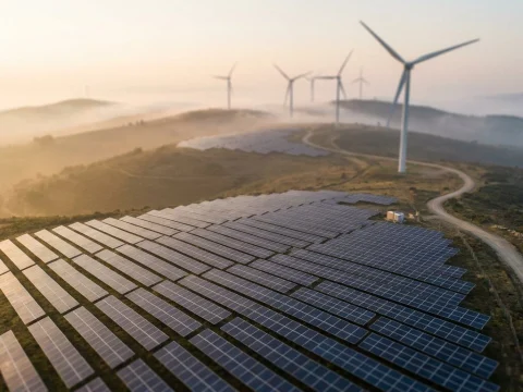 Aerial view of a large solar park and wind turbines on rolling hills at sunrise