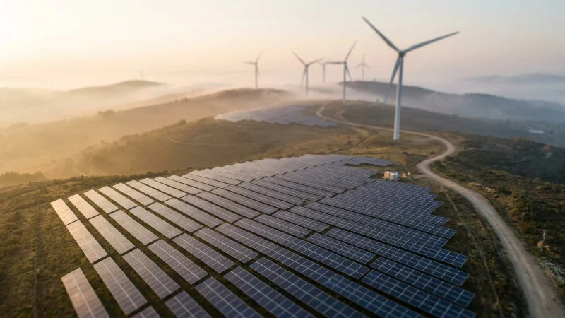 Aerial view of a large solar park and wind turbines on rolling hills at sunrise