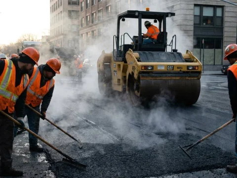 Road crew in orange vests laying fresh steaming asphalt behind a roller in early morning light