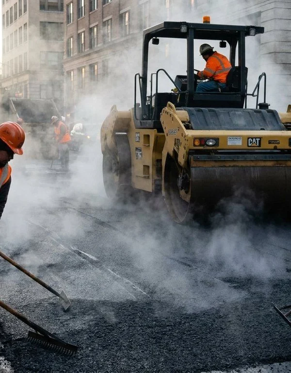 Road crew in orange vests laying fresh steaming asphalt behind a roller in early morning light