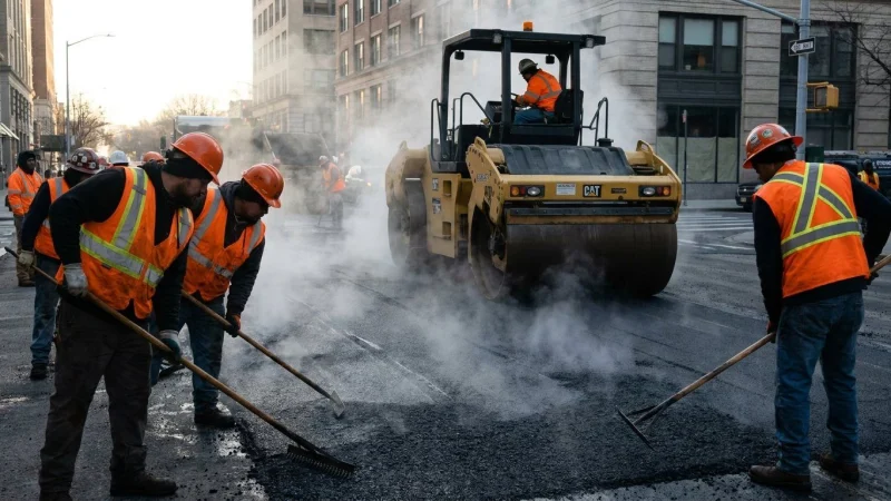Road crew in orange vests laying fresh steaming asphalt behind a roller in early morning light