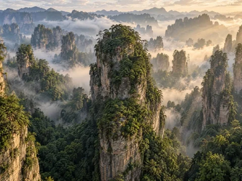 Tall sandstone pillars rising out of a misty green forest