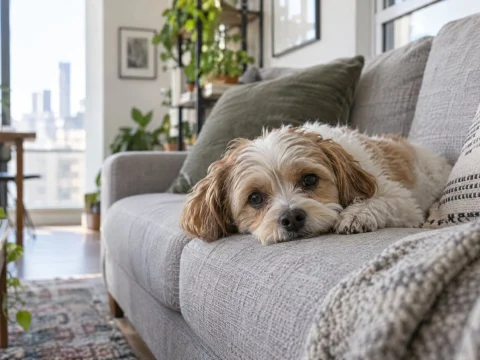 Small dog resting on a sofa in a bright modern apartment with plants and soft daylight
