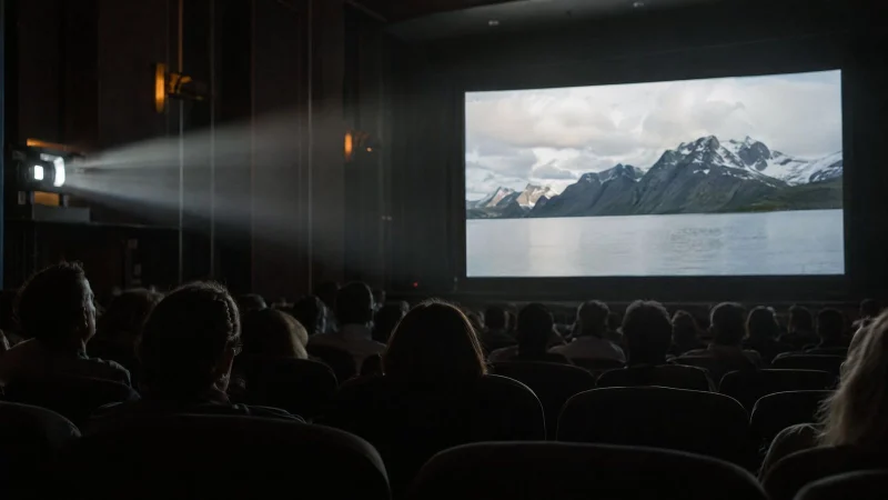 Silhouettes of a cinema audience watching a bright screen, with the projector beam overhead