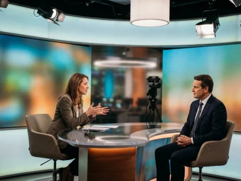 Guest in a suit talking with a presenter at a TV news studio desk, glowing screens behind them