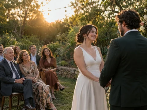 Small outdoor wedding in a garden with guests under string lights at golden hour