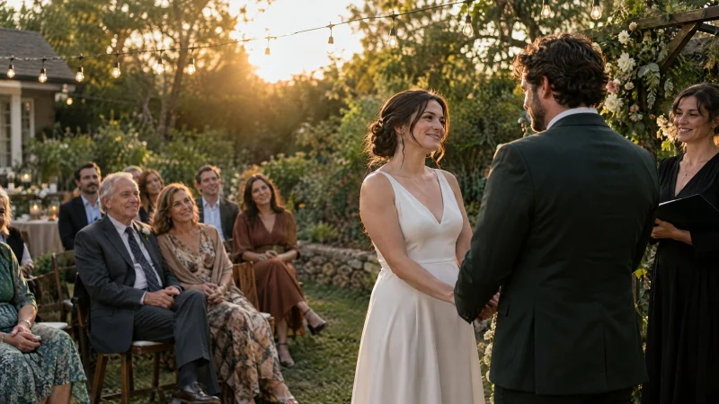 Small outdoor wedding in a garden with guests under string lights at golden hour