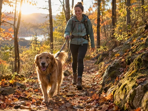 Hiker with a happy dog on a leash walking a sunlit forest trail in autumn