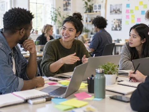 Young adults with laptops and sticky notes working together in a bright community room