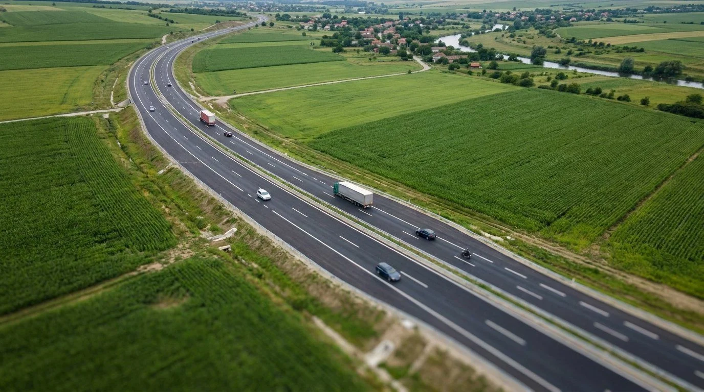 Aerial view of a reopened highway bypass with light traffic in both directions between green fields