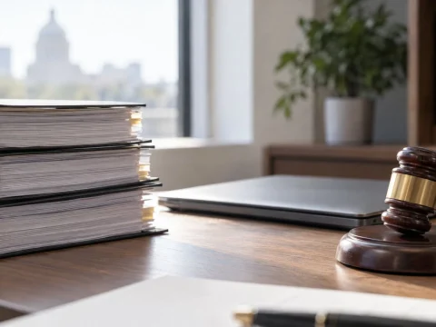 Stack of bound documents beside a closed laptop and a wooden gavel on a desk in soft daylight