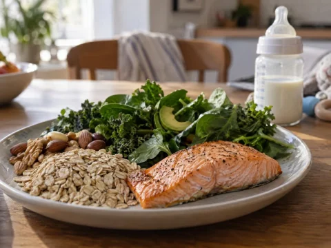 Plate with salmon, leafy greens, oats and nuts on a kitchen table, baby bottle in the background