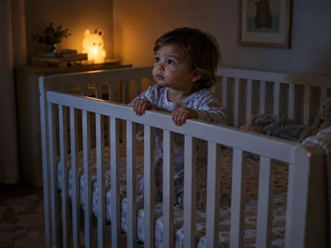 Toddler awake in a crib in a dim nursery lit by a small night light