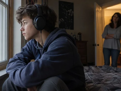 Teenage boy with headphones looking out of a window while a parent stands in the doorway