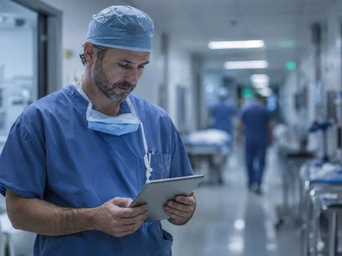 Surgeon standing in a hospital corridor in cool blue light, looking down at a tablet