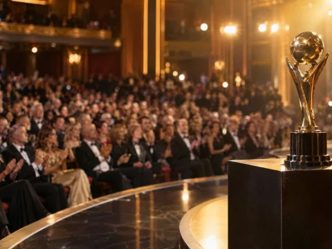 Awards ceremony stage with a trophy on a podium and an audience in evening wear under golden light