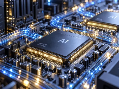 Glowing processor chips mounted on a dark circuit board with illuminated circuit traces
