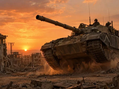 Tank moving through a ruined town at sunset amid smoke and dust