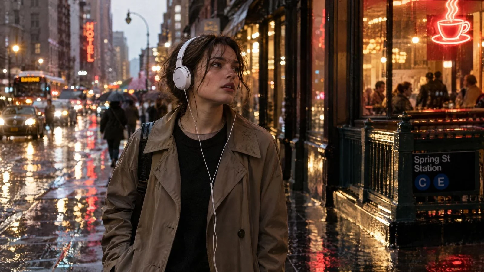 Woman wearing headphones walking along a rainy city street at evening, past glowing cafe windows
