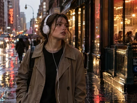 Woman wearing headphones walking along a rainy city street at evening, past glowing cafe windows