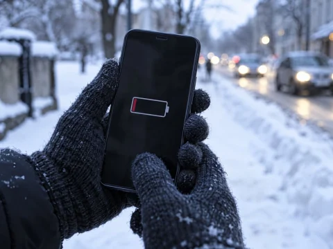 Gloved hands holding a smartphone showing a low-battery icon on a snowy street in cold blue light