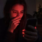 Worried person in a dark room holding a smartphone that casts a red warning glow on their face
