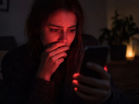 Worried person in a dark room holding a smartphone that casts a red warning glow on their face