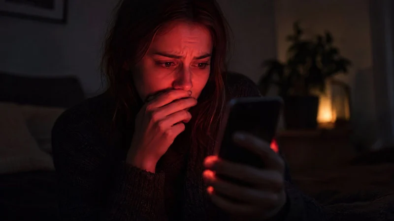 Worried person in a dark room holding a smartphone that casts a red warning glow on their face